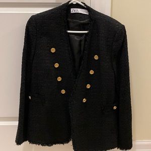 Black tweed blazer with gold buttons